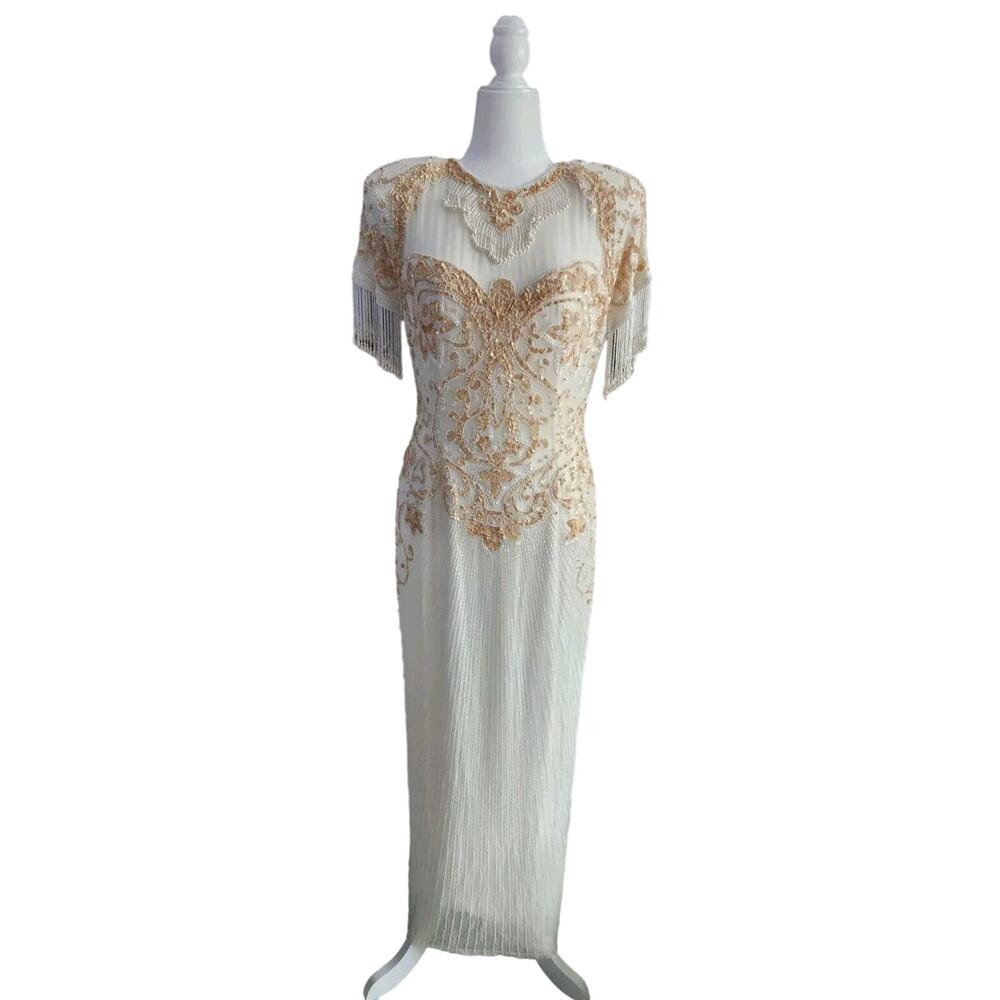 Vtg Nite Line Silk Beaded Sequins Maxi Dress Gown Ivory With Key Hole Back 8